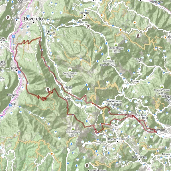 Map miniature of "Challenging Gravel Adventure near Torrebelvicino" cycling inspiration in Veneto, Italy. Generated by Tarmacs.app cycling route planner