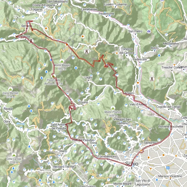 Map miniature of "Gravel Adventure through Torrebelvicino and Valli del Pasubio" cycling inspiration in Veneto, Italy. Generated by Tarmacs.app cycling route planner