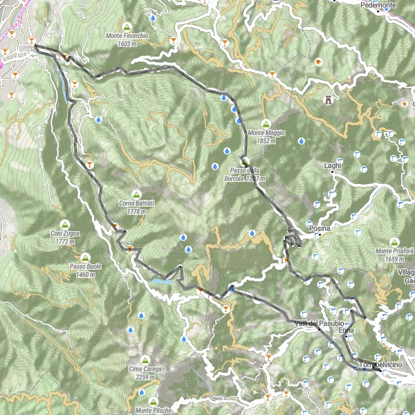 Map miniature of "Cycling through Torrebelvicino and Passo della Borcola" cycling inspiration in Veneto, Italy. Generated by Tarmacs.app cycling route planner