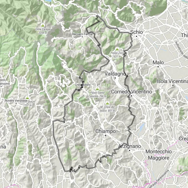 Miniatuurkaart van de fietsinspiratie "Wegfietsroute van Torrebelvicino naar Valli del Pasubio" in Veneto, Italy. Gemaakt door de Tarmacs.app fietsrouteplanner