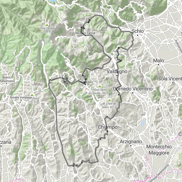 Miniatua del mapa de inspiración ciclista "Ruta en carretera desde Torrebelvicino a Recoaro Terme" en Veneto, Italy. Generado por Tarmacs.app planificador de rutas ciclistas