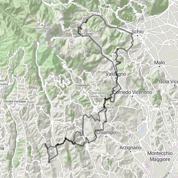 Map miniature of "Torrebelvicino and the Valli del Pasubio" cycling inspiration in Veneto, Italy. Generated by Tarmacs.app cycling route planner