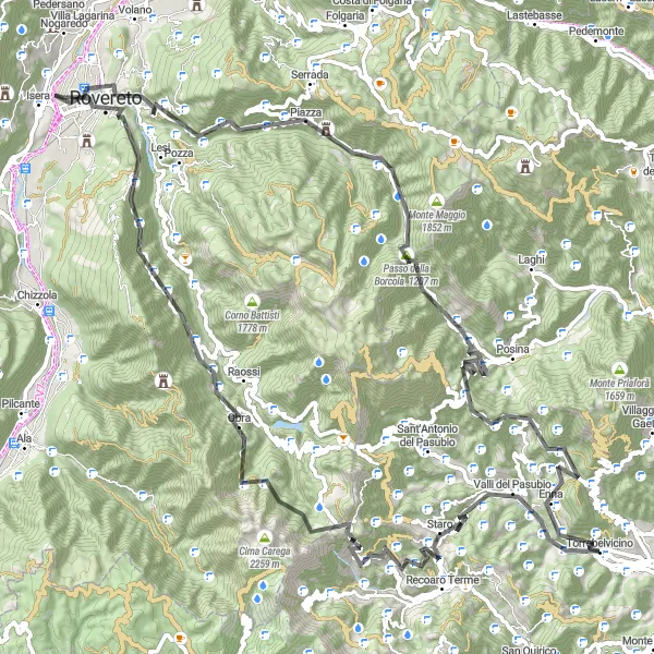 Map miniature of "Scenic Road Cycling Route around Torrebelvicino" cycling inspiration in Veneto, Italy. Generated by Tarmacs.app cycling route planner