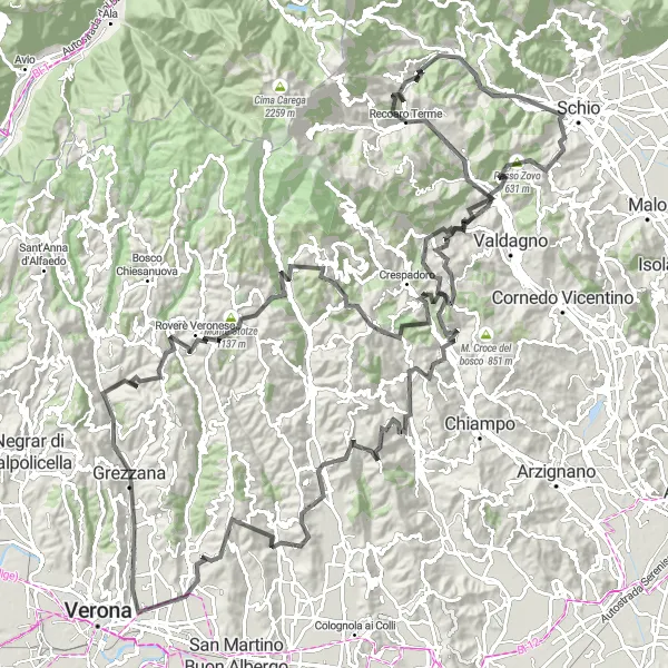 Miniatua del mapa de inspiración ciclista "Desafío en carretera desde Torrebelvicino a Valli del Pasubio" en Veneto, Italy. Generado por Tarmacs.app planificador de rutas ciclistas