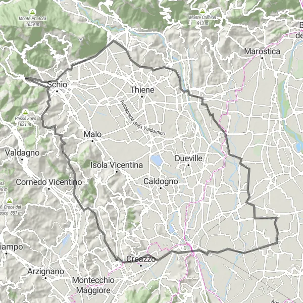 Miniatua del mapa de inspiración ciclista "Ruta Escénica en Carretera desde Torrebelvicino" en Veneto, Italy. Generado por Tarmacs.app planificador de rutas ciclistas