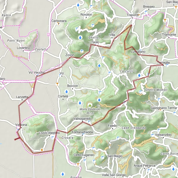 Miniatuurkaart van de fietsinspiratie "Monte Venda en Monte Rovarolla Gravelroute" in Veneto, Italy. Gemaakt door de Tarmacs.app fietsrouteplanner