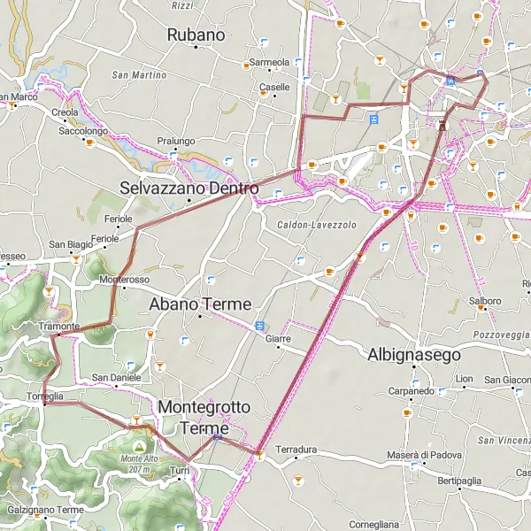 Miniatua del mapa de inspiración ciclista "Ruta de ciclismo de grava a Montegrotto Terme" en Veneto, Italy. Generado por Tarmacs.app planificador de rutas ciclistas
