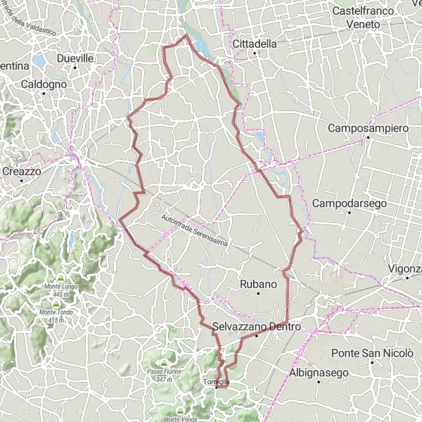 Map miniature of "Off-Road Adventure to Selvazzano Dentro" cycling inspiration in Veneto, Italy. Generated by Tarmacs.app cycling route planner