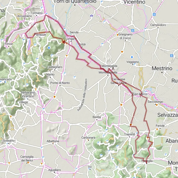 Miniatua del mapa de inspiración ciclista "Ruta de ciclismo de grava hacia La Mira y Praglia R" en Veneto, Italy. Generado por Tarmacs.app planificador de rutas ciclistas