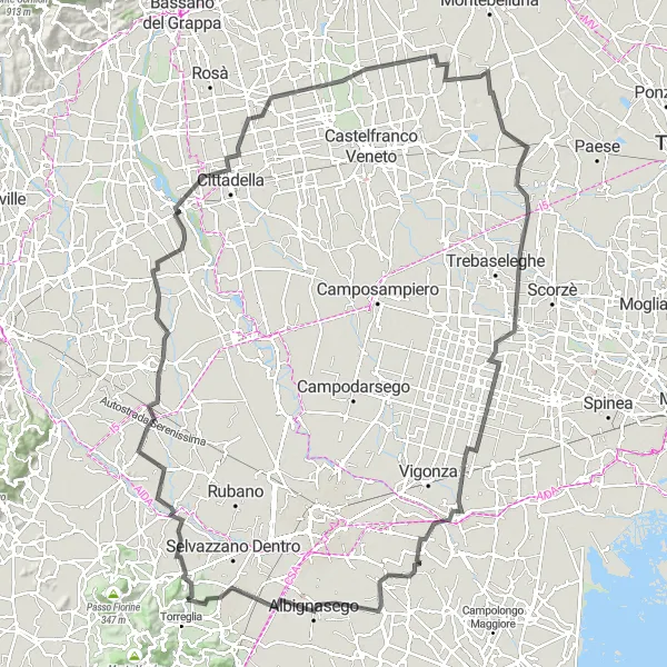 Zemljevid v pomanjšavi "Razgibana kolesarska pot v okolici Torreglie" kolesarske inspiracije v Veneto, Italy. Generirano z načrtovalcem kolesarskih poti Tarmacs.app