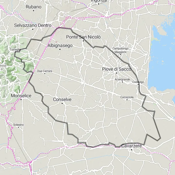 Map miniature of "The Terme Circuit" cycling inspiration in Veneto, Italy. Generated by Tarmacs.app cycling route planner