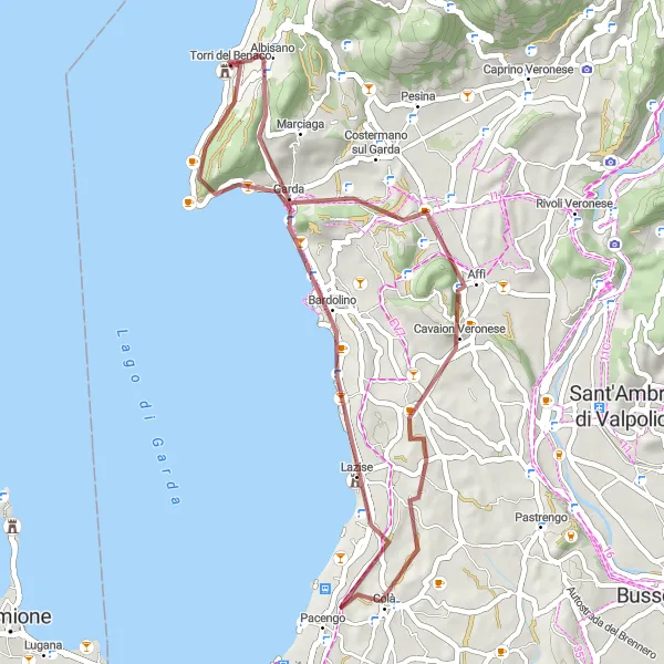 Miniatura della mappa di ispirazione al ciclismo "Giro Gravel tra Torri del Benaco e Garda" nella regione di Veneto, Italy. Generata da Tarmacs.app, pianificatore di rotte ciclistiche