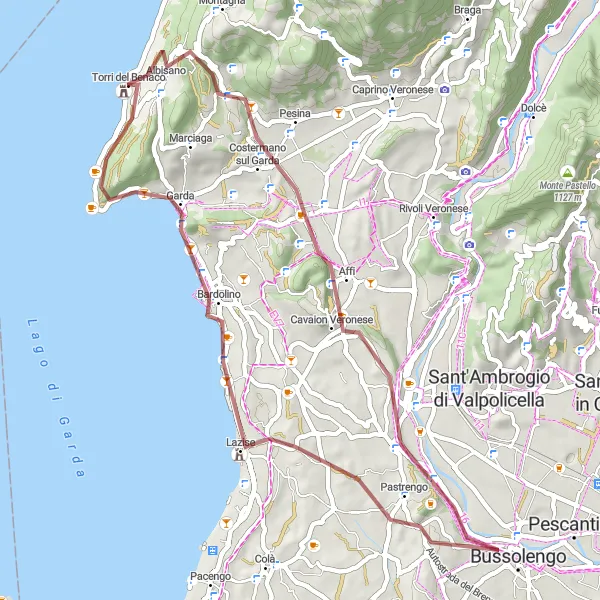 Miniatura della mappa di ispirazione al ciclismo "Alla scoperta di La Rocca e dintorni in bicicletta" nella regione di Veneto, Italy. Generata da Tarmacs.app, pianificatore di rotte ciclistiche