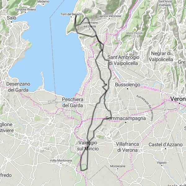 Karttaminiaatyyri "Toinen maantiepyöräilyreitti Gardan ympäristössä" pyöräilyinspiraatiosta alueella Veneto, Italy. Luotu Tarmacs.app pyöräilyreittisuunnittelijalla