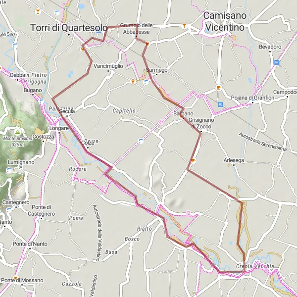 Miniaturekort af cykelinspirationen "Grusvej eventyr nær Torri di Quartesolo" i Veneto, Italy. Genereret af Tarmacs.app cykelruteplanlægger