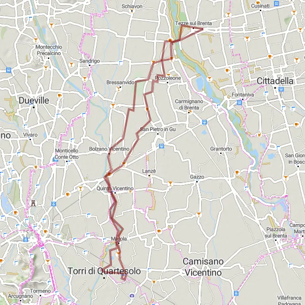 Miniatua del mapa de inspiración ciclista "Ruta de ciclismo de grava cerca de Torri di Quartesolo" en Veneto, Italy. Generado por Tarmacs.app planificador de rutas ciclistas