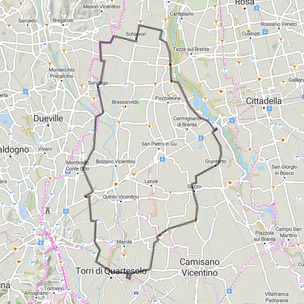 Mapa miniatúra "Okružná cyklistická trasa Monticello Conte Otto" cyklistická inšpirácia v Veneto, Italy. Vygenerované cyklistickým plánovačom trás Tarmacs.app