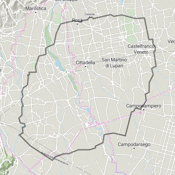 Miniatura mapy "Trasa rowerowa przez Loria i Campodoro" - trasy rowerowej w Veneto, Italy. Wygenerowane przez planer tras rowerowych Tarmacs.app