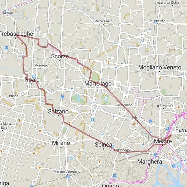 Map miniature of "Trebaseleghe - Salzano - Spinea - Martellago - Scorzè" cycling inspiration in Veneto, Italy. Generated by Tarmacs.app cycling route planner