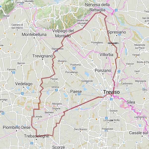Miniaturní mapa "Gravel Route around Trebaseleghe" inspirace pro cyklisty v oblasti Veneto, Italy. Vytvořeno pomocí plánovače tras Tarmacs.app