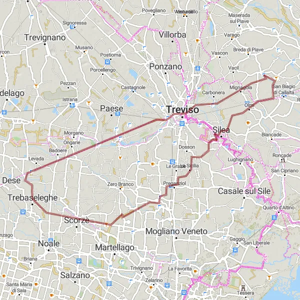 Miniatua del mapa de inspiración ciclista "Ruta por caminos de grava cerca de Trebaseleghe" en Veneto, Italy. Generado por Tarmacs.app planificador de rutas ciclistas