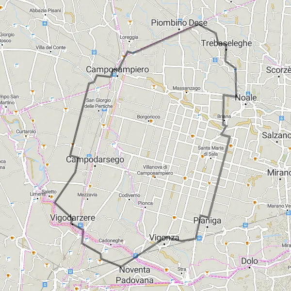 Miniatua del mapa de inspiración ciclista "Ruta de Carretera Trebaseleghe - Piombino Dese" en Veneto, Italy. Generado por Tarmacs.app planificador de rutas ciclistas