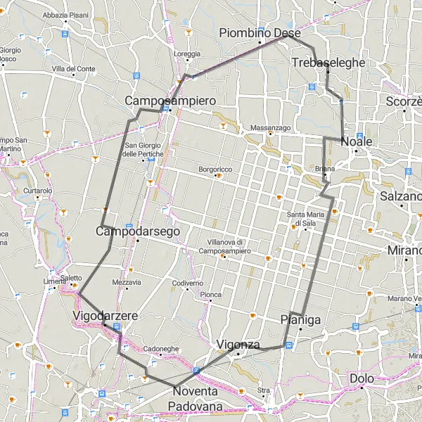 Map miniature of "Trebaseleghe - Pianiga - Cascina - Loreggia - Piombino Dese" cycling inspiration in Veneto, Italy. Generated by Tarmacs.app cycling route planner