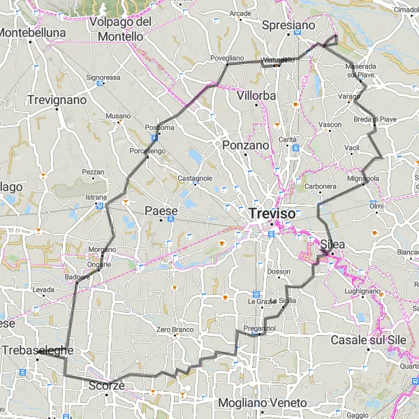 Miniatura della mappa di ispirazione al ciclismo "Giro in bici su strada da Trebaseleghe a Preganziol" nella regione di Veneto, Italy. Generata da Tarmacs.app, pianificatore di rotte ciclistiche