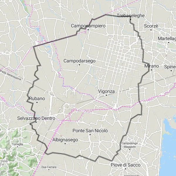 Map miniature of "Mirano and Abano Terme" cycling inspiration in Veneto, Italy. Generated by Tarmacs.app cycling route planner