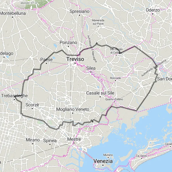 Miniaturní mapa "Venetská cyklotrasa přes Paese" inspirace pro cyklisty v oblasti Veneto, Italy. Vytvořeno pomocí plánovače tras Tarmacs.app