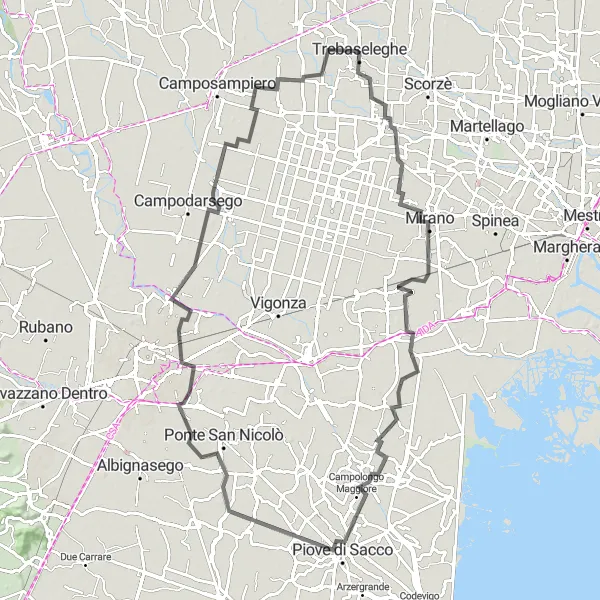 Karten-Miniaturansicht der Radinspiration "Panorama-Tour über 100 km von Mirano nach Fossalta" in Veneto, Italy. Erstellt vom Tarmacs.app-Routenplaner für Radtouren