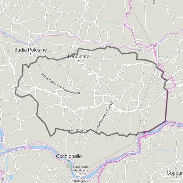 Zemljevid v pomanjšavi "Razburljiva pot okoli Trecente" kolesarske inspiracije v Veneto, Italy. Generirano z načrtovalcem kolesarskih poti Tarmacs.app