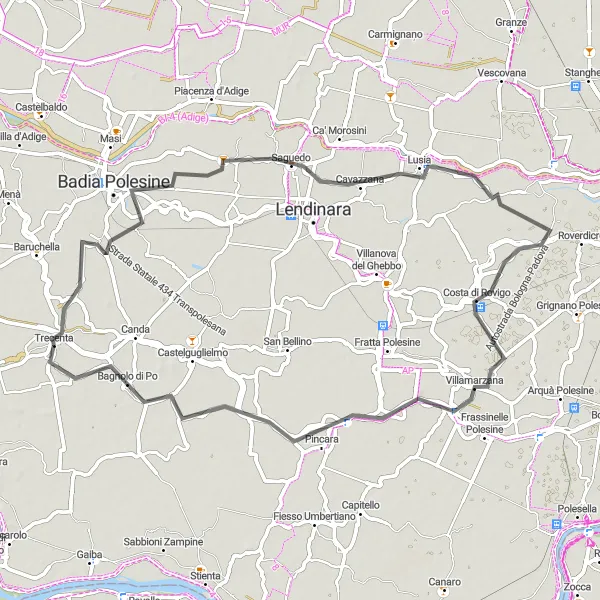 Map miniature of "Lusia Loop" cycling inspiration in Veneto, Italy. Generated by Tarmacs.app cycling route planner