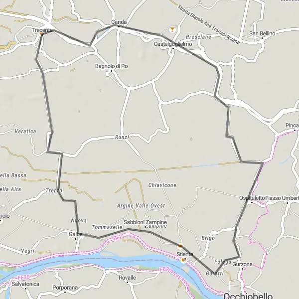 Miniatua del mapa de inspiración ciclista "Ruta en carretera Trecenta - Gaiba - Stienta" en Veneto, Italy. Generado por Tarmacs.app planificador de rutas ciclistas