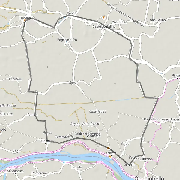 Map miniature of "Road route near Trecenta" cycling inspiration in Veneto, Italy. Generated by Tarmacs.app cycling route planner