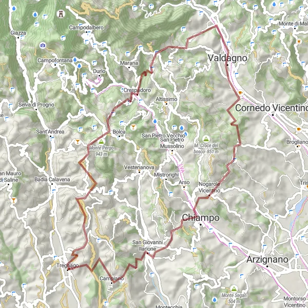 Miniatura della mappa di ispirazione al ciclismo "Esplorazione Naturale in Gravel" nella regione di Veneto, Italy. Generata da Tarmacs.app, pianificatore di rotte ciclistiche