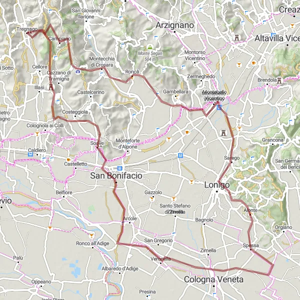 Kartminiatyr av "Grusvei sykkeltur fra Tregnago" sykkelinspirasjon i Veneto, Italy. Generert av Tarmacs.app sykkelrutoplanlegger