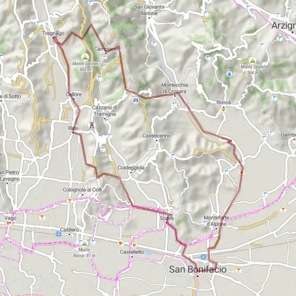 Karten-Miniaturansicht der Radinspiration "Die Schönheit von Monte Bastia und Monte Manero" in Veneto, Italy. Erstellt vom Tarmacs.app-Routenplaner für Radtouren