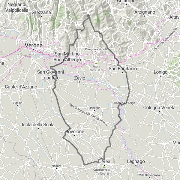 Karttaminiaatyyri "Tregnago - Castello Di Tregnago Road Cycling Route" pyöräilyinspiraatiosta alueella Veneto, Italy. Luotu Tarmacs.app pyöräilyreittisuunnittelijalla