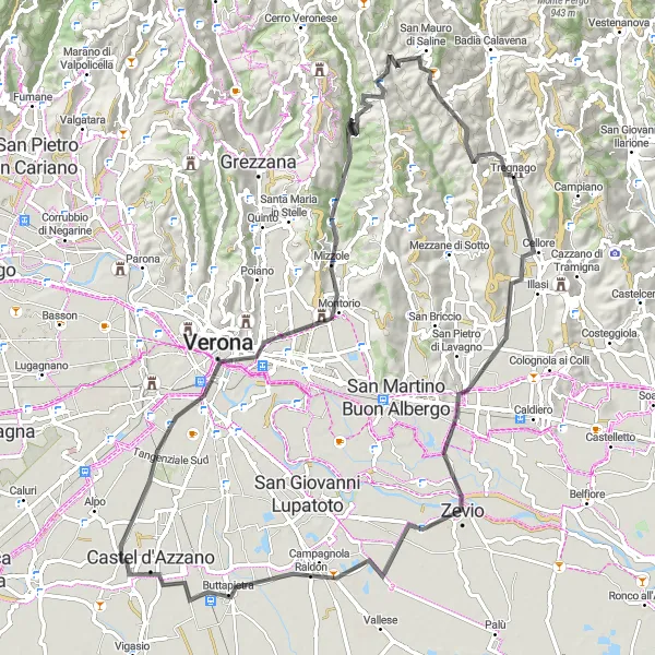 Zemljevid v pomanjšavi "Krožna pot prek Verone in okolice" kolesarske inspiracije v Veneto, Italy. Generirano z načrtovalcem kolesarskih poti Tarmacs.app