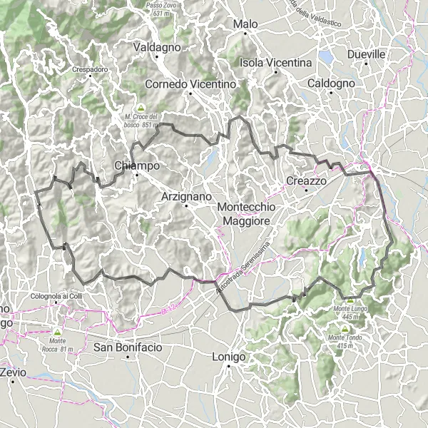 Map miniature of "The Hills of Vicenza" cycling inspiration in Veneto, Italy. Generated by Tarmacs.app cycling route planner