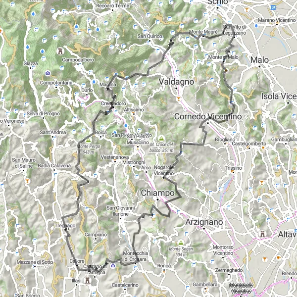 Map miniature of "The Dolomites Challenge" cycling inspiration in Veneto, Italy. Generated by Tarmacs.app cycling route planner