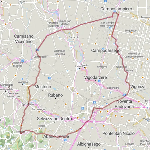 Map miniature of "Gravel Ride to Campodoro" cycling inspiration in Veneto, Italy. Generated by Tarmacs.app cycling route planner