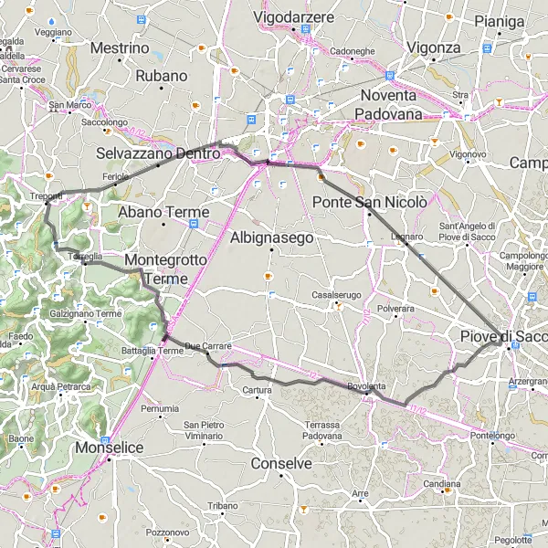 Karttaminiaatyyri "Treponti - Monte Rosso - Due Carrare Loop" pyöräilyinspiraatiosta alueella Veneto, Italy. Luotu Tarmacs.app pyöräilyreittisuunnittelijalla