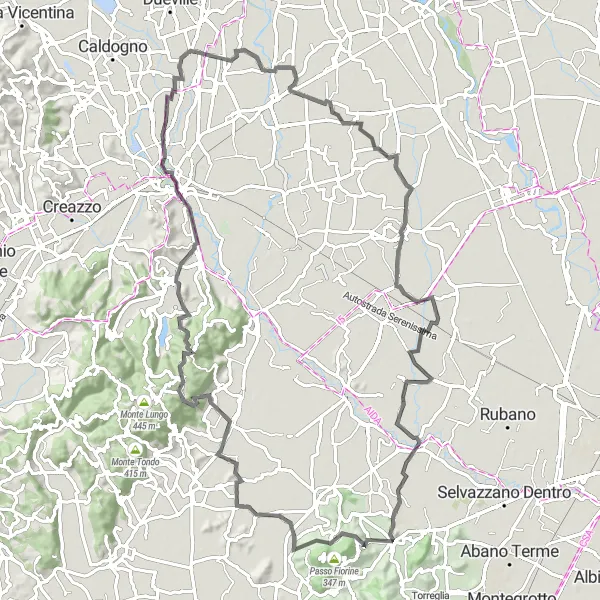 Kartminiatyr av "Treponti til Monte Bello via Rovolon og Bolzano Vicentino" sykkelinspirasjon i Veneto, Italy. Generert av Tarmacs.app sykkelrutoplanlegger