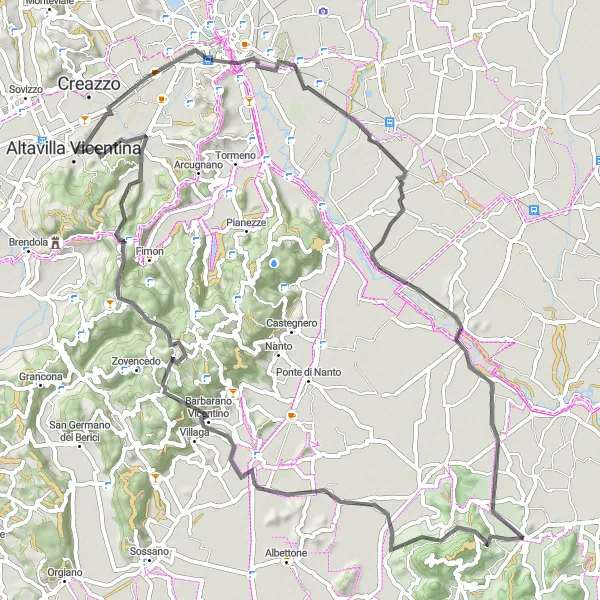 Kartminiatyr av "Oppdag Landsbyer og Utsiktspunkter" sykkelinspirasjon i Veneto, Italy. Generert av Tarmacs.app sykkelrutoplanlegger
