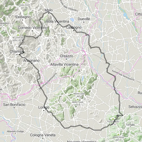 Mapa miniatúra "Cyklistická trasa okolo Treponit" cyklistická inšpirácia v Veneto, Italy. Vygenerované cyklistickým plánovačom trás Tarmacs.app
