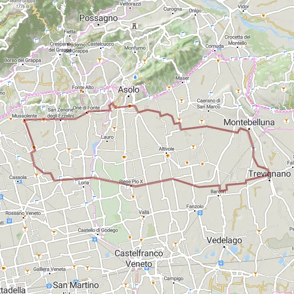 Miniature de la carte de l'inspiration cycliste "Au cœur des collines vénitiennes" dans la Veneto, Italy. Générée par le planificateur d'itinéraire cycliste Tarmacs.app
