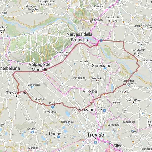 Mapa miniatúra "Trevignano - Volpago del Montello - Nervesa della Battaglia - Musano - Trevignano" cyklistická inšpirácia v Veneto, Italy. Vygenerované cyklistickým plánovačom trás Tarmacs.app