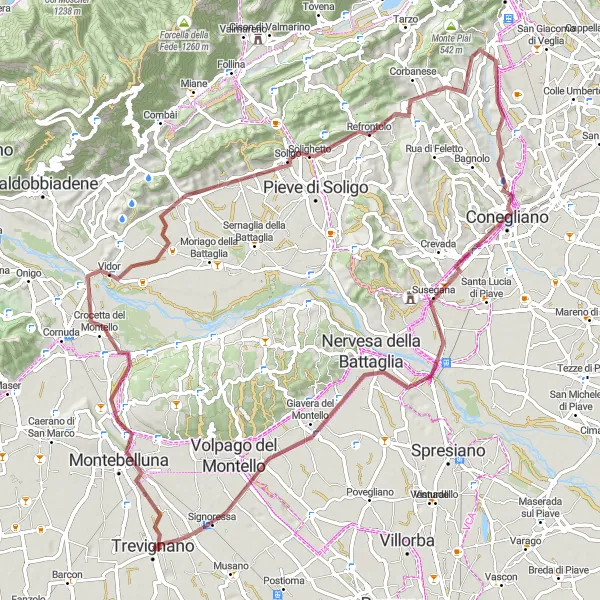 Miniatura della mappa di ispirazione al ciclismo "Giro Gravel Tra Montagne e Vigneti" nella regione di Veneto, Italy. Generata da Tarmacs.app, pianificatore di rotte ciclistiche